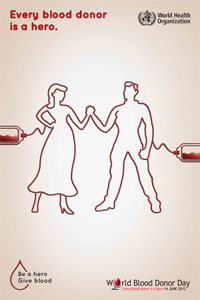 World Blood Donor Day poster showing silhouettes of a man and woman joining hands as they give blood