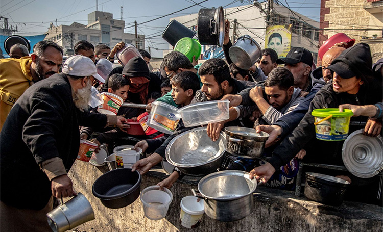 People displaced from their homes waiting for food at Al-Shaboura Camp, in the centre of Rafa, Gaza on 17–18 December 2023. Photo credit: WHO People displaced from their homes waiting for food at Al-Shaboura Camp, in the centre of Rafa, Gaza on 17–18 December 2023. Photo credit: WHO