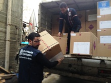 Medical supplies are delivered in Homs under an agreement with private health providers in Homs to expand access to free emergency care