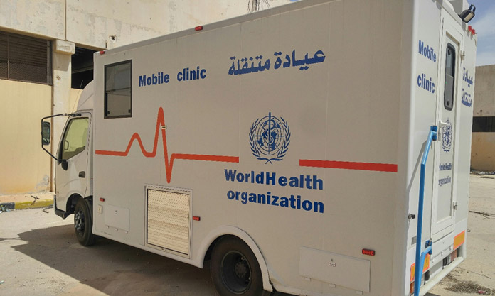 منظمة الصحة العالمية تدعم شرق ليبيا مع توفير عيادات متنقلة إلى نظام بنغازي الصحي ، بتمويل من صندوق الحماية المدنية للاتحاد الأوروبي والمساعدات الإنسانية ECHO