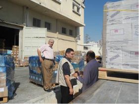 Image shows supplies being loaded onto truck. WHO has sent a total of US$ 2.5 million in medical supplies and medicines to support the needs of hospitals and clinics in Gaza.