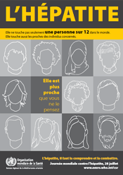 Affiche de la Journée mondiale contre l'hépatite 2012, composée de contours de visages anonymes et portant le slogan "L'hépatite, elle est plus proche que vous ne le pensez"