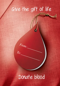 ملصق اليوم العالمي للمتبرعين بالدم يظهر هدية على شكل قطرة دماء على خلفية حمراء مكتوب عليها هبة الحياة: تبرع بالدم
