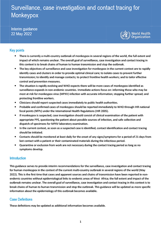 Surveillance, case investigation and contact tracing for Monkeypox