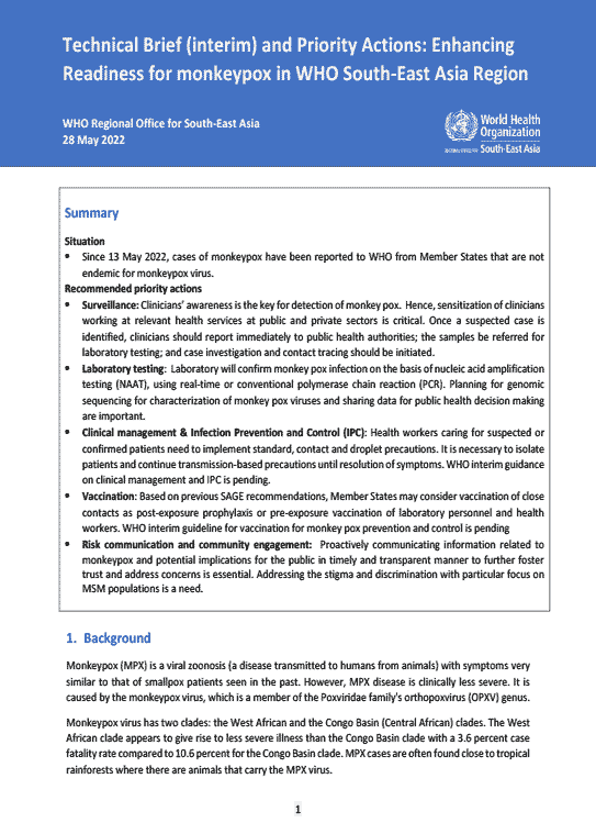 Technical brief (Interim) and priority actions: Enhancing readiness for monkeypox in WHO South-East Asia Region 