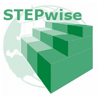 Logo du sytème de surveillance STEPwise, qui montre des marches symbolisant les étapes avec, en arrière-plan, une carte du monde.