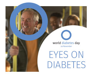 Image shows a person with a blue circle framing his head, to focus in on the theme for World Diabetes Day 2017 which is Eyes on diabetes. 