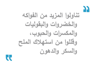 
تناولوا المزيد من الفواكه والخضروات والبقوليات والمكسرات والحبوب، وقللوا من استهلاك الملح والسكر والدهون
