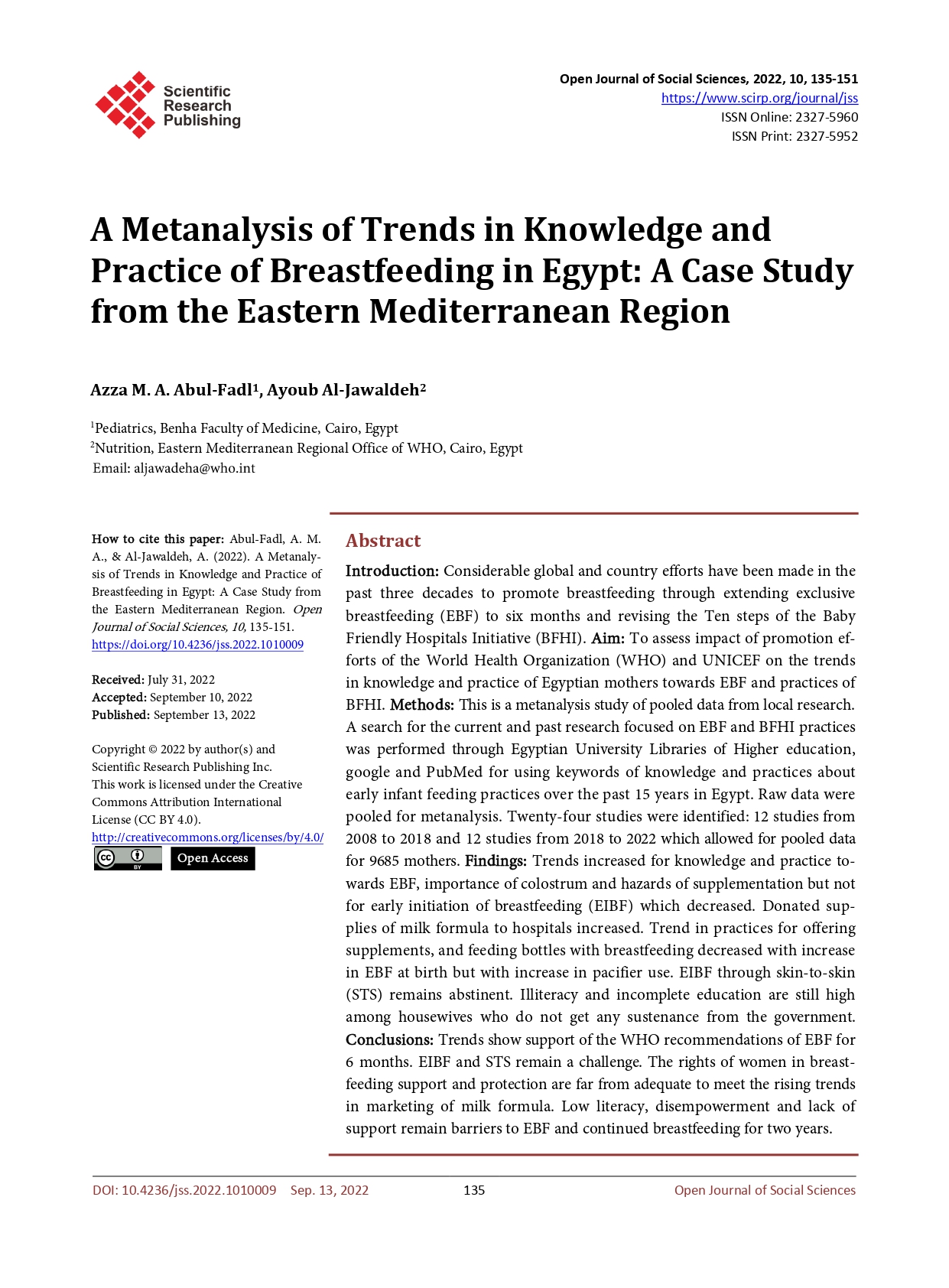 A metanalysis of trends in knowledge and practice of breastfeeding in Egypt: a case study from the Eastern Mediterranean Region