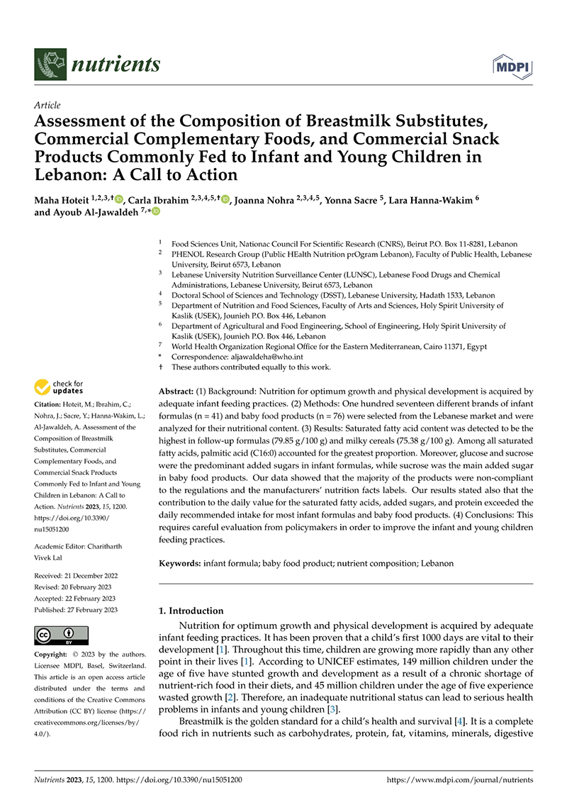 Assessment of the composition of breastmilk substitutes, commercial complementary foods, and commercial snack products commonly fed to infant and young children in Lebanon: a call to action