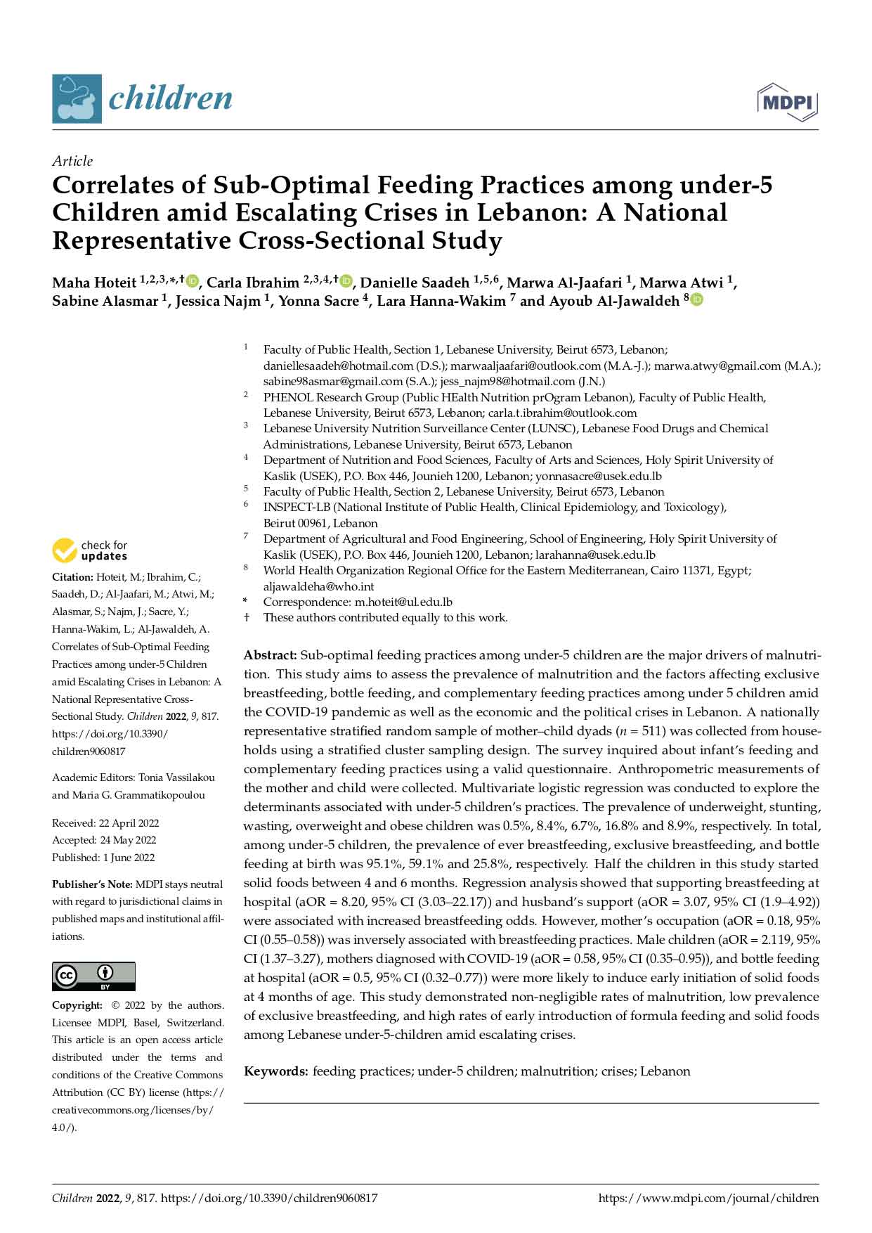 Correlates of sub-optimal feeding practices among under-5 children amid escalating crises in Lebanon: A national representative cross-sectional study