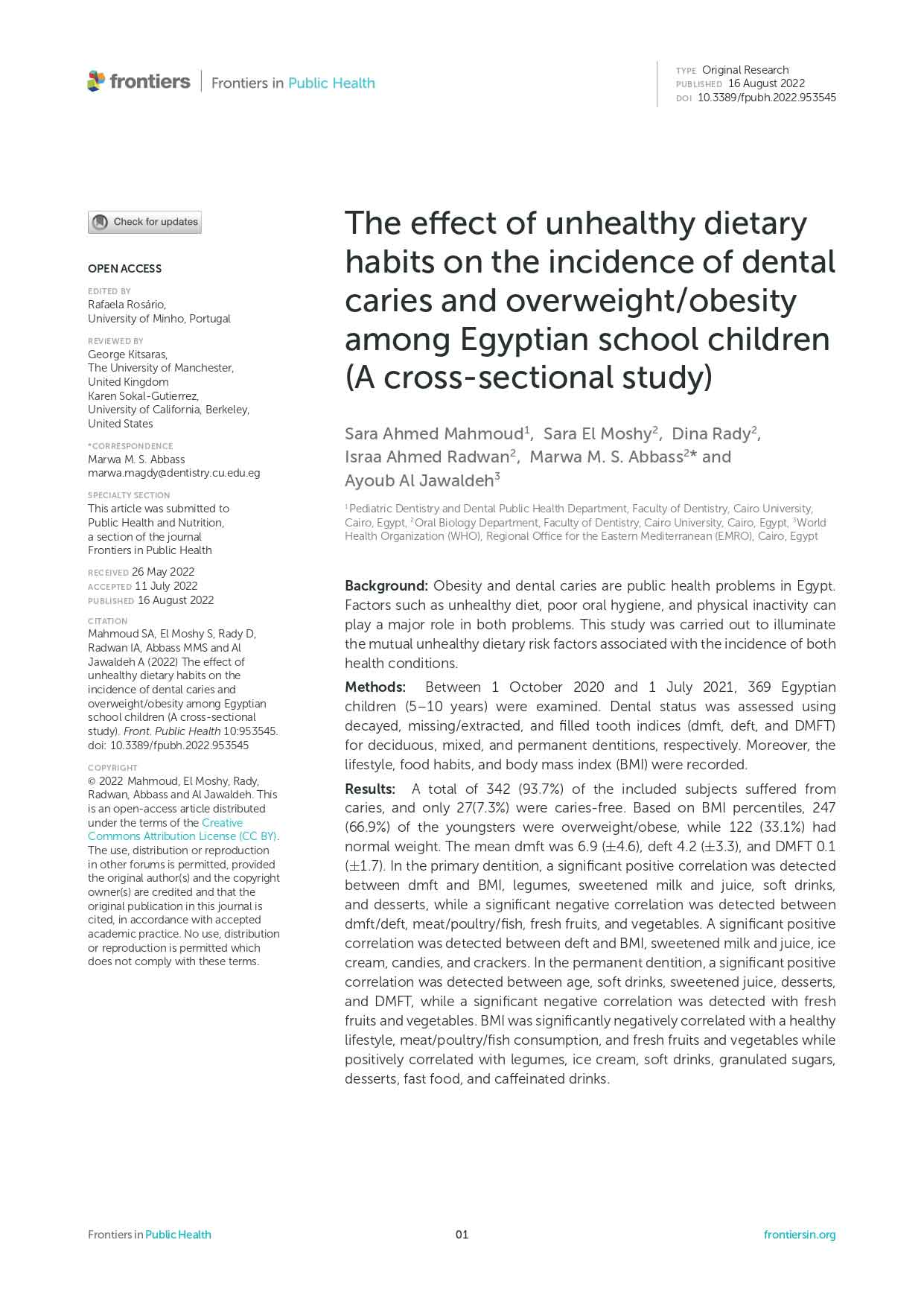 The effect of unhealthy dietary habits on the incidence of dental caries and overweight/obesity among Egyptian school children (a cross-sectional study)