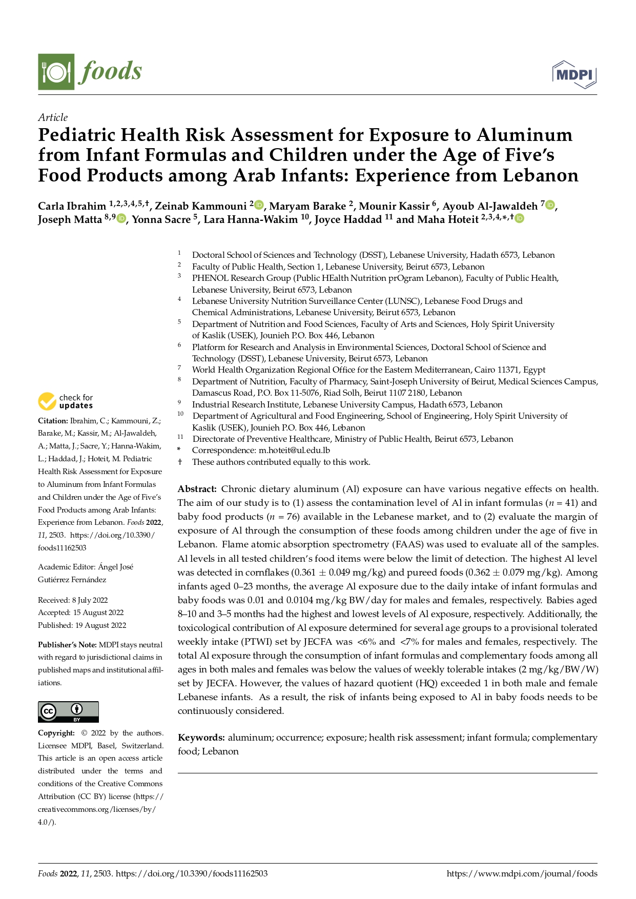 Pediatric health risk assessment for exposure to aluminum from infant formulas and children under the age of five’s food products among Arab infants: experience from Lebanon