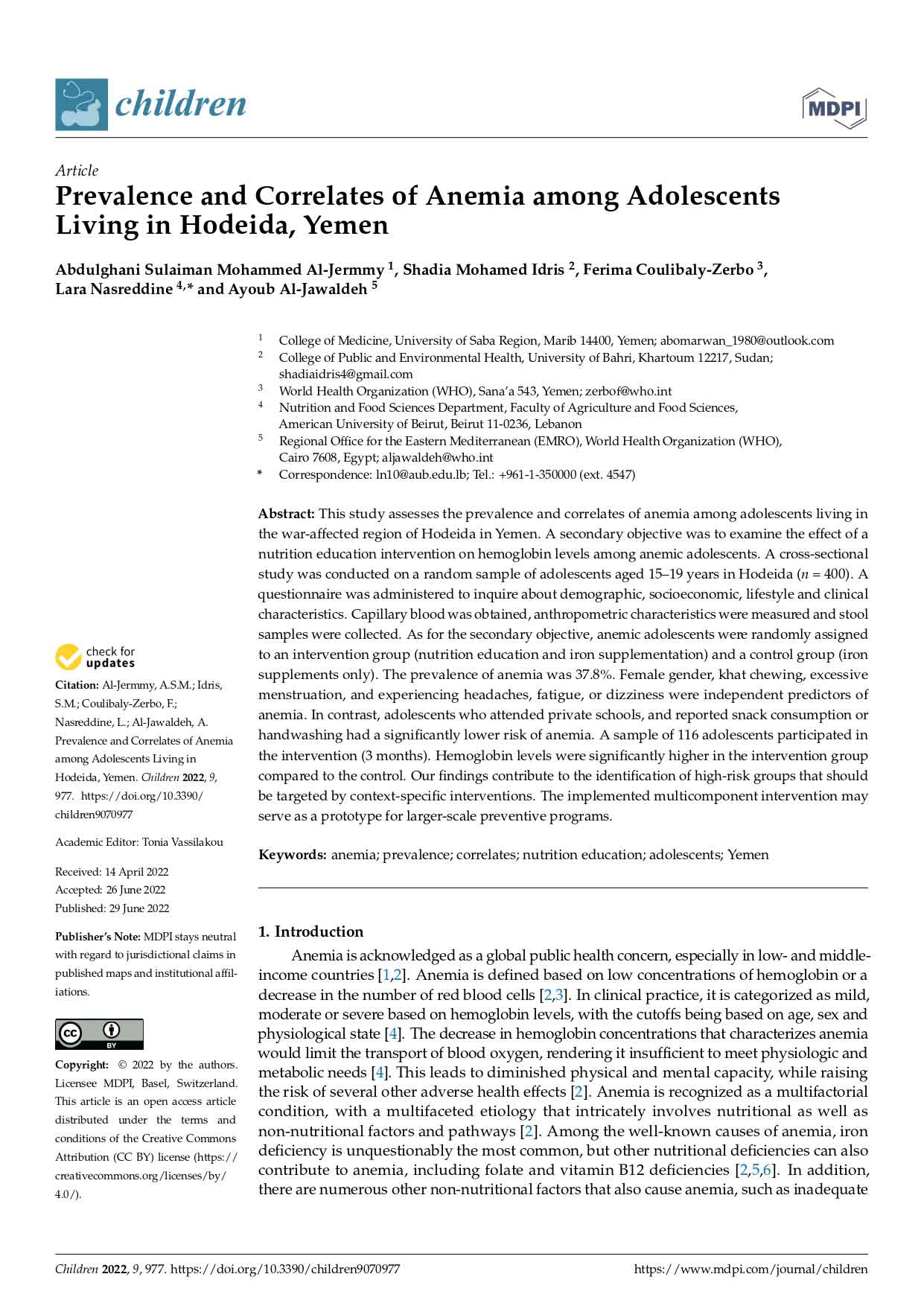 Prevalence and correlates of anemia among adolescents living in Hodeida, Yemen