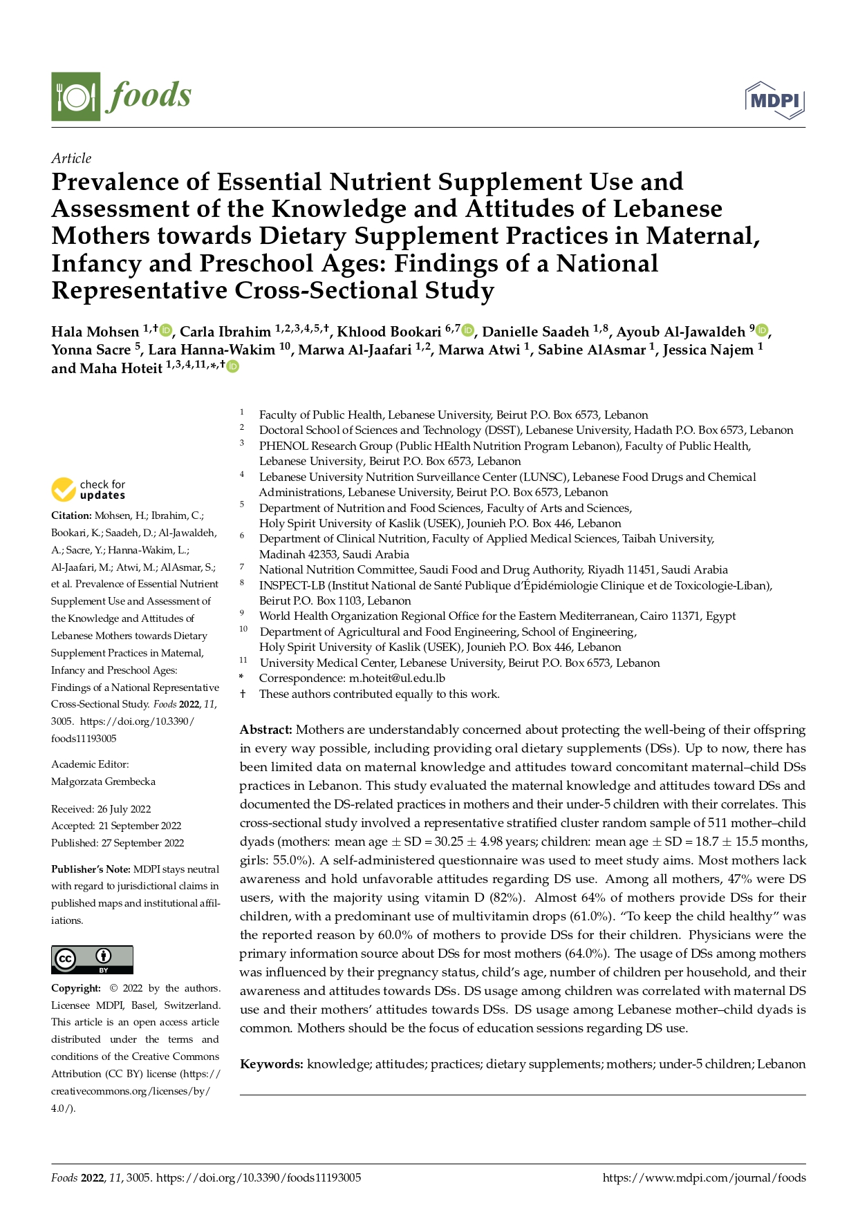 Prevalence of essential nutrient supplement use and assessment of the knowledge and attitudes of Lebanese mothers towards dietary supplement practices in maternal, infancy and preschool ages: findings of a national representative cross-sectional study