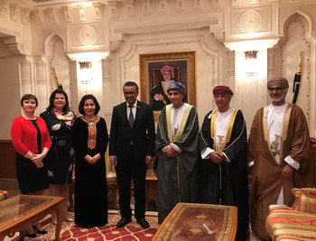 Ambassador Michèle Boccoz, WHO Assistant Director-General for External Relations, Dr Svetlana Akselrod, WHO Assistant Director-General for Noncommunicable Diseases and Mental Health, Dr Akjemal Magtymova, WHO Representative to Sultanate of Oman, DG Dr Tedros Adhanom Ghebreyesus, His Highness Sayyidh Fahed Al Said, Deputy Prime Minister for the Council of Ministers, His Excellency Dr Ahmed Mohammed Al-Saidi, Minister of Health, His Excellency Dr Ali Hinai, Undesecretary for Planning, Ministry of Health