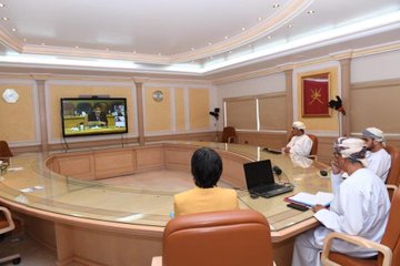 Photo dated 2 April 2020, Muscat, Oman: H.E. Dr Ahmed Al-Saidi, Minister of Health, Sultanate of Oman, Dr Akjemal Magtymova WHO Representative, H.E. Dr Mohammed Al Hosni, Undersecretary of Health Affairs attending virtual meeting with Dr Ahmed Al Mandhari, WHO Regional Director with ministers of health