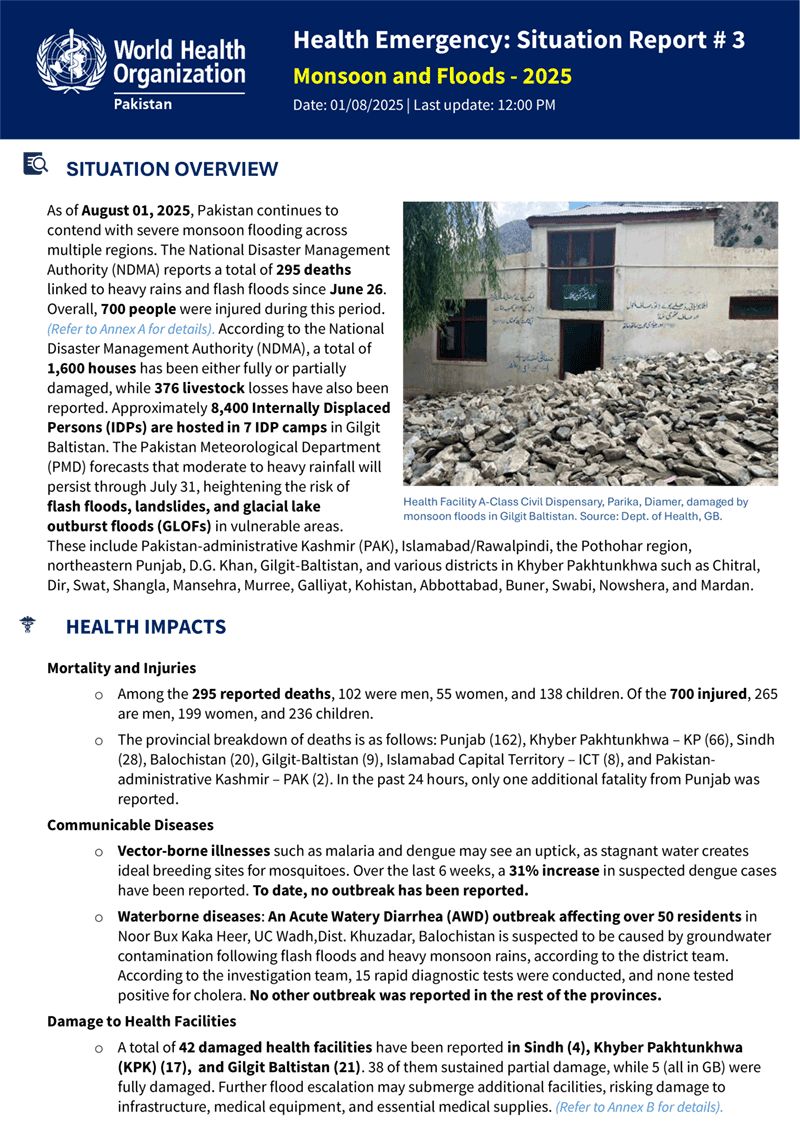 Health Emergency Situation Report – Monsoon Floods: 1 August 2025