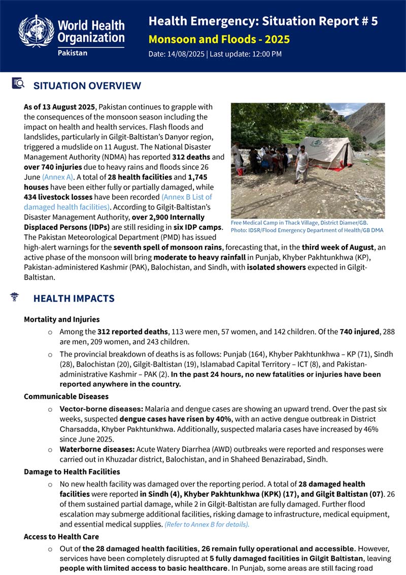Health Emergency Situation Report – Monsoon Floods: 1 August 2025