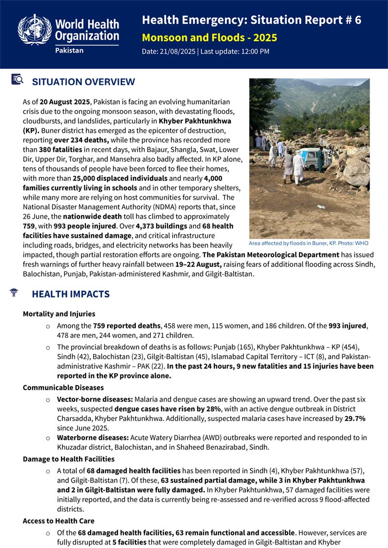 Health Emergency Situation Report – Monsoon Floods: 1 August 2025