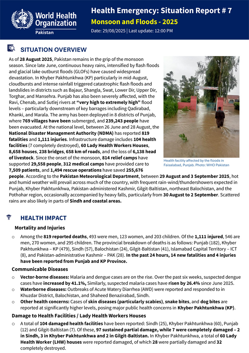 Health Emergency Situation Report – Monsoon Floods: 29 August 2025