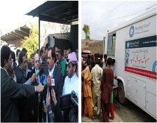 Two photos showing health cluster members meeting the public