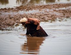 An elderly man wades through flood water in Azakhel in Khyber Pakhtunkhwa during the floods in Pakistan in 2010