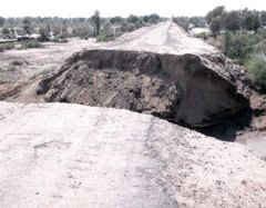 The flash floods in Rajanpur, Punjab, have damaged major roads making places inaccessible. This image shows one such road, a section of which has completely collapsed.