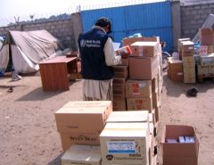 The WHO pharmacist examines boxes of medicines 