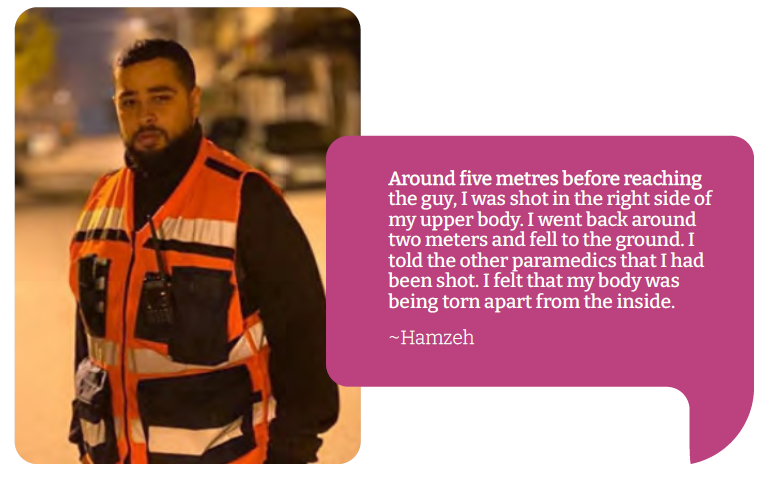 Hamzeh “Around five metres before reaching the guy, I was shot in the right side of my upper body. I went back around two meters and fell to the ground. I told the other paramedics that I had been shot