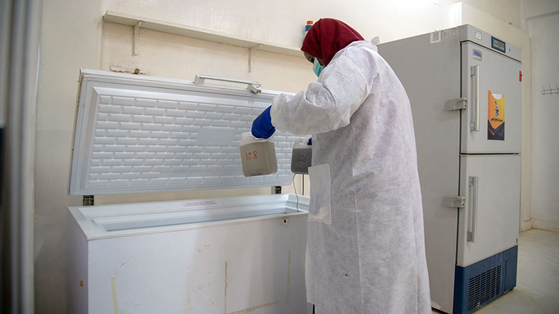A Federal Ministry of Health employee collects wastewater samples from one of the environmental surveillance sites in Khartoum