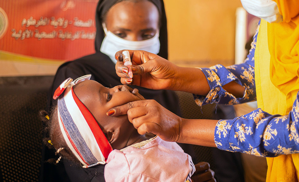 A child receives polio vaccine in Sudan during the national vaccination campaign conducted from 28 November - 1 December 2020.