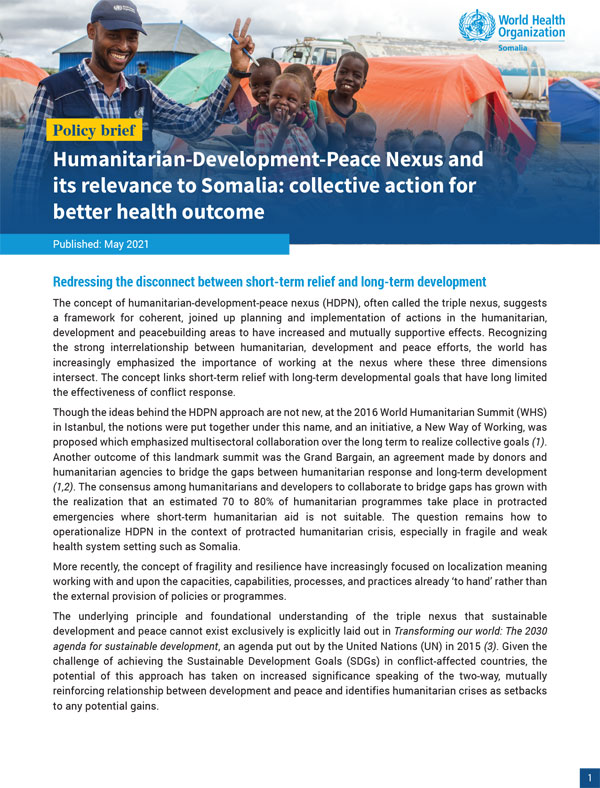Policy brief: Humanitarian-Development-Peace Nexus and its relevance to Somalia: collective action for better health outcome