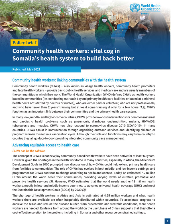 Policy brief: Community Health Workers - a vital cog in Somalia's health system to build back better
