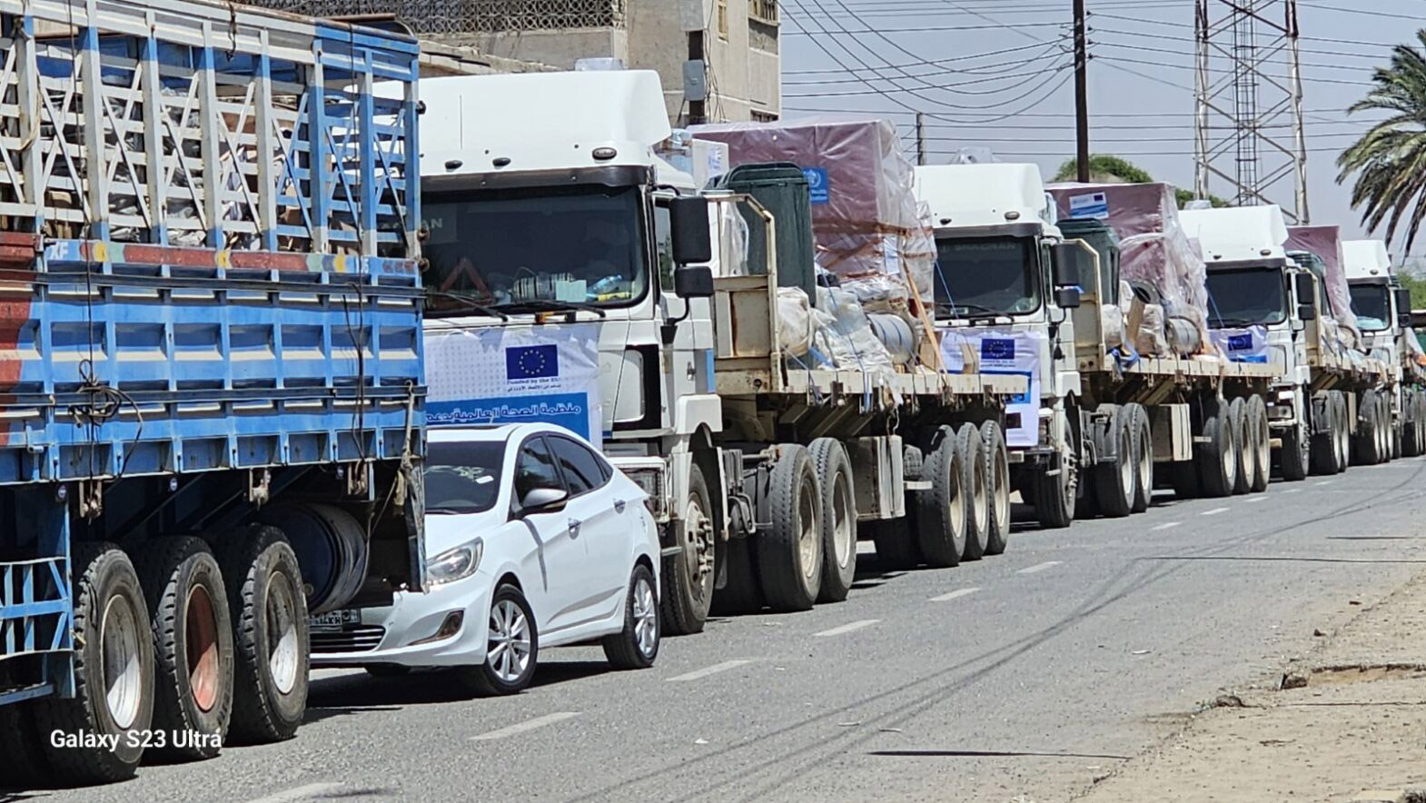 Trucks carrying the medical equipment, procured with EU financial support, for donation to the Federal Ministry of Health. Photo credit: WHO/WHO Sudan