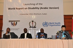 Sudan's Health Minister Bahr Idriss Abu-Garda and WHO Representative Dr Anshu Banerjee answered questions from the media during the press conference for the launch of the World Disability Report, Arabic version.