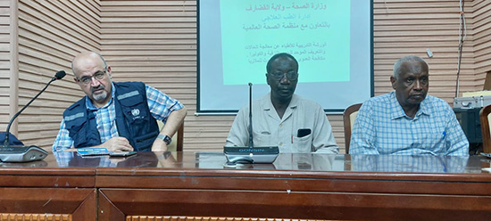 Dr Abid opens a case management training session in Gedaref, accompanied by state health officials. Photo credit: WHO Sudan