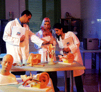 Trois étudiants portant des blouses blanches discutent autour d'une table sur laquelle sont posés des objets d'enseignement sur le corps humain.