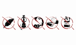 Cette illustration montre une série de produits du tabac barrés d'un trait rouge pour montrer qu'il ne faut pas les consommer.