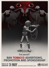 Image of the World No Tobacco Day 2013 poster, showing action against tobacco industry manipulation; depicted through a puppet cutting off all the puppeteer’s strings and putting out his cigarette.