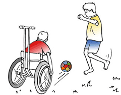 Illustration d'un garçon jouant au ballon dans un fauteuil roulant