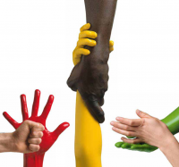 A colourful graphic image showing three sets of hands in different poses
