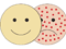 Badges developed for Vaccination Week of one yellow smiley face and a pink miserable dotted face