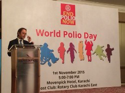 Dr Michel Thieren, WHO Representative, Pakistan, addressing the seminar arranged by the Rotary International on the occasion of World Polio Day 2015 in Karachi