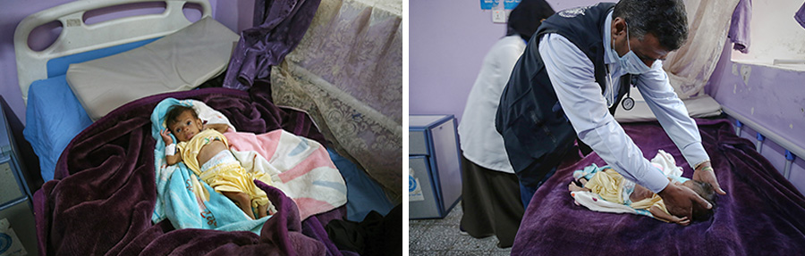 Bushra when she arrived at the Al-Jumhori Public Hospital therapeutic feeding center in Hajjah being assessed by Dr Adel al-Abdeli, a paediatric specialist