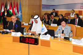 Regional Director Dr Alwan, WHO Director-General Dr Chan, Chair of the 62nd Session of the Regional committee Dr Ali Saad Al-Obaidi during the opening session