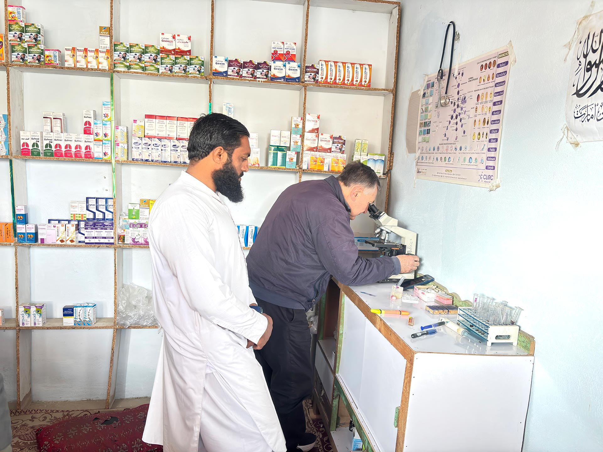 During a malaria mission visit to Nangarhar Province a WHO specialist reviews laboratory samples under a microscope