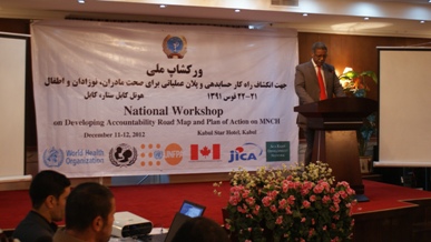 Dr A. Shadoul, WHO Representative in Afghanistan, addressing delegates at the workshop on the accountability roadmap on maternal, newborn and child health