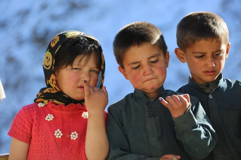 Twin brothers, Habib-u Rahmand and Hamid-u Rahman and their niece, showing their inked fingers after taking polio drops in Botawar village, Rukha district of Panjshir province. Photo: Ahmadullah Amarkhil/WHO Afghanistan