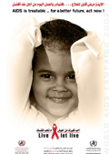 Image of the World AIDS Day 2003 poster showing a photo of a child and saying 'AIDS is treatable. For a better future act now' and 'Live and let live'
